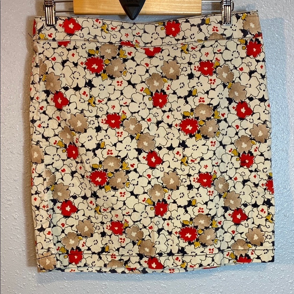 LOFT Red Tan Grey and Cream Floral Mini Pencil Skirt